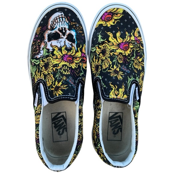 Vans Shoes - Vans - Beauty Skull B&W Sunflower Slip On’s - Women Size 7